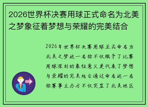 2026世界杯决赛用球正式命名为北美之梦象征着梦想与荣耀的完美结合