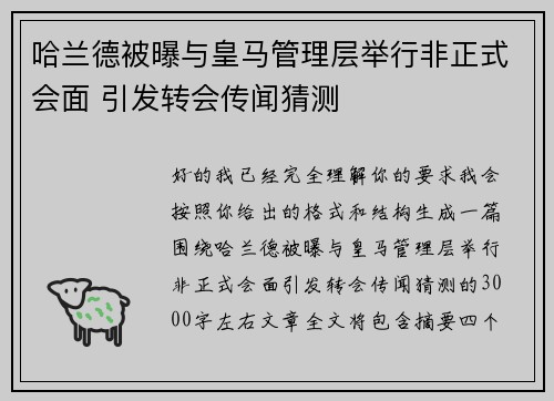 哈兰德被曝与皇马管理层举行非正式会面 引发转会传闻猜测 哈兰德被曝与皇马管理层举行非正式会面 引发转会传闻猜测